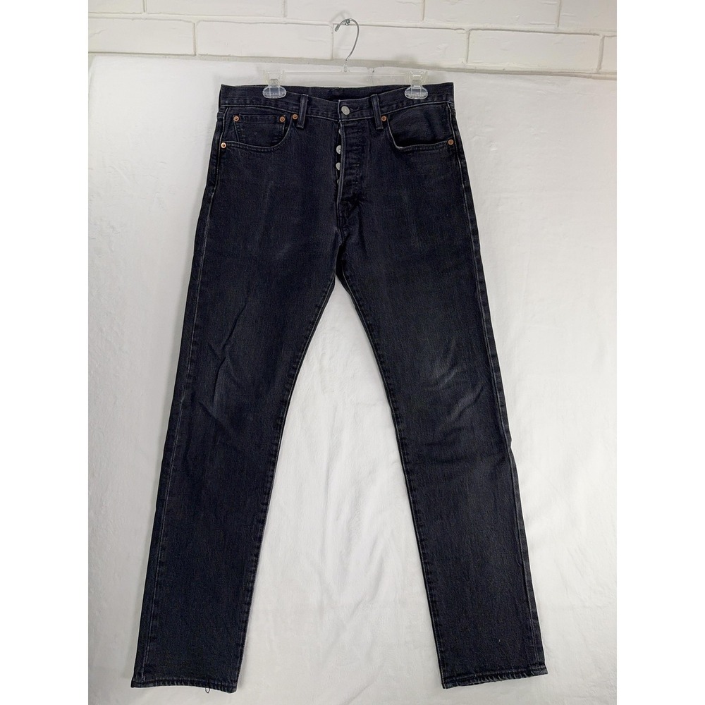 Levis 501‎ Jeans Mens 34x32 Black Button Fly Straight Leg Charcoal Denim Red Tab
